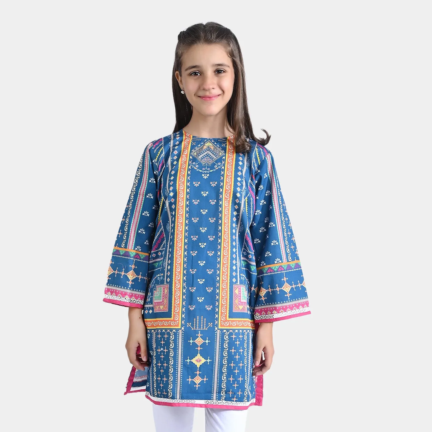 Girls Cotton Poplin Printed Kurti Ethnic-Teal