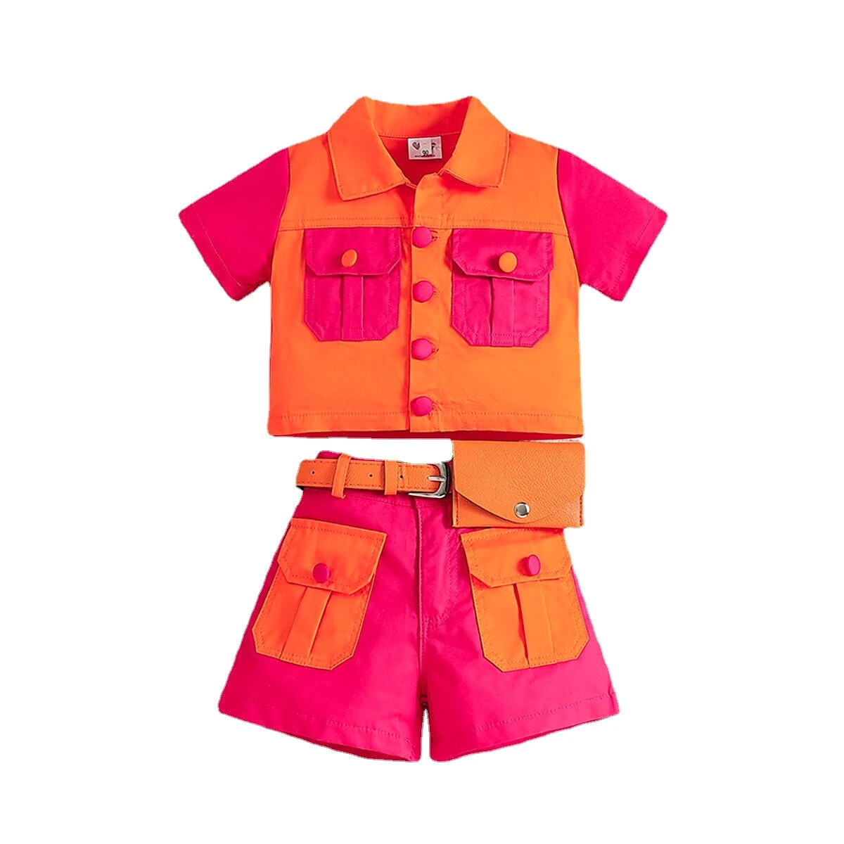 Girls Waist Pack Orange Button Patchwork Jacket+Cargo Pants