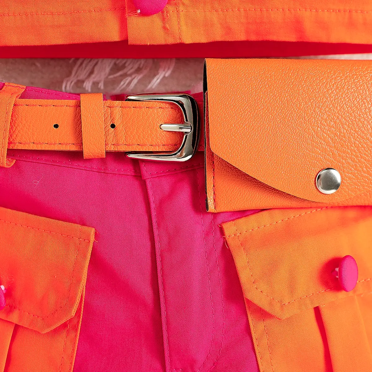 Girls Waist Pack Orange Button Patchwork Jacket+Cargo Pants