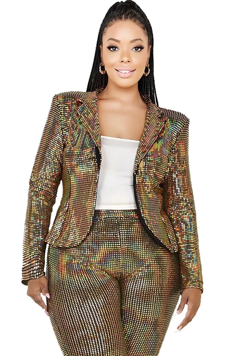 Gold Plus Disco Metallic Sequins 2 Piece Jacket Set