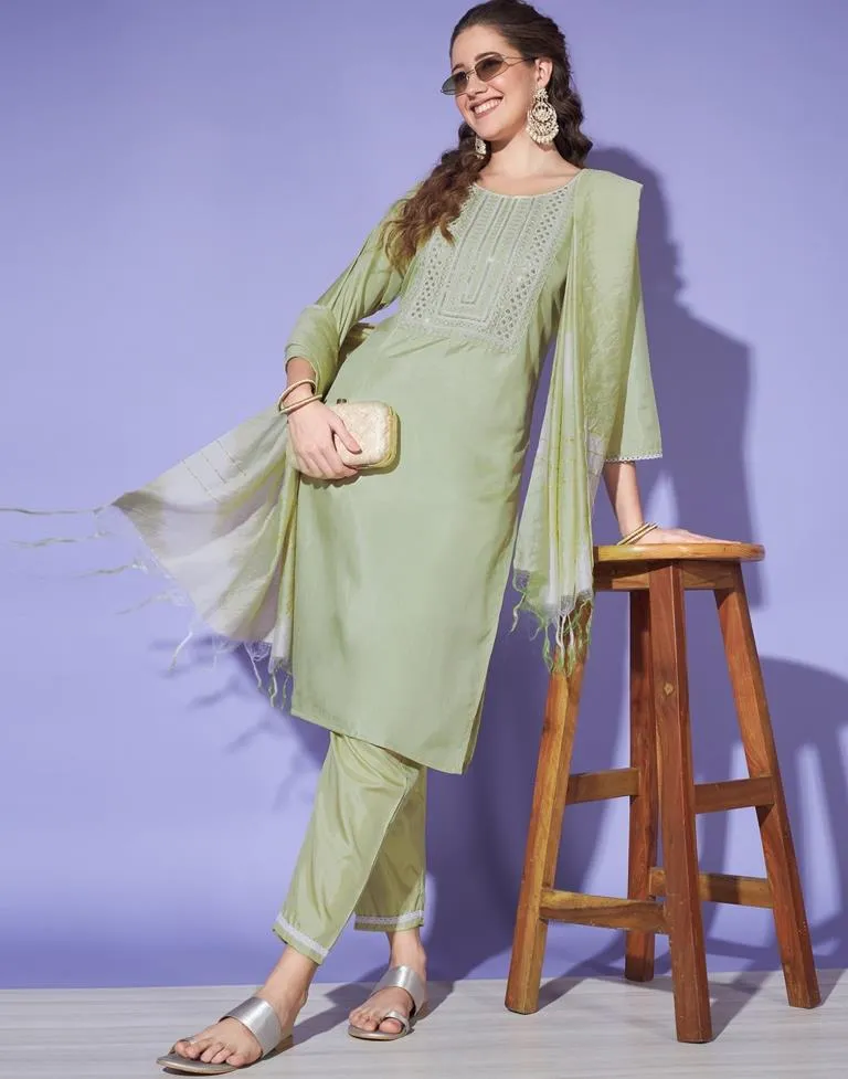 Green Cotton Printed Kurta Set With Dupatta