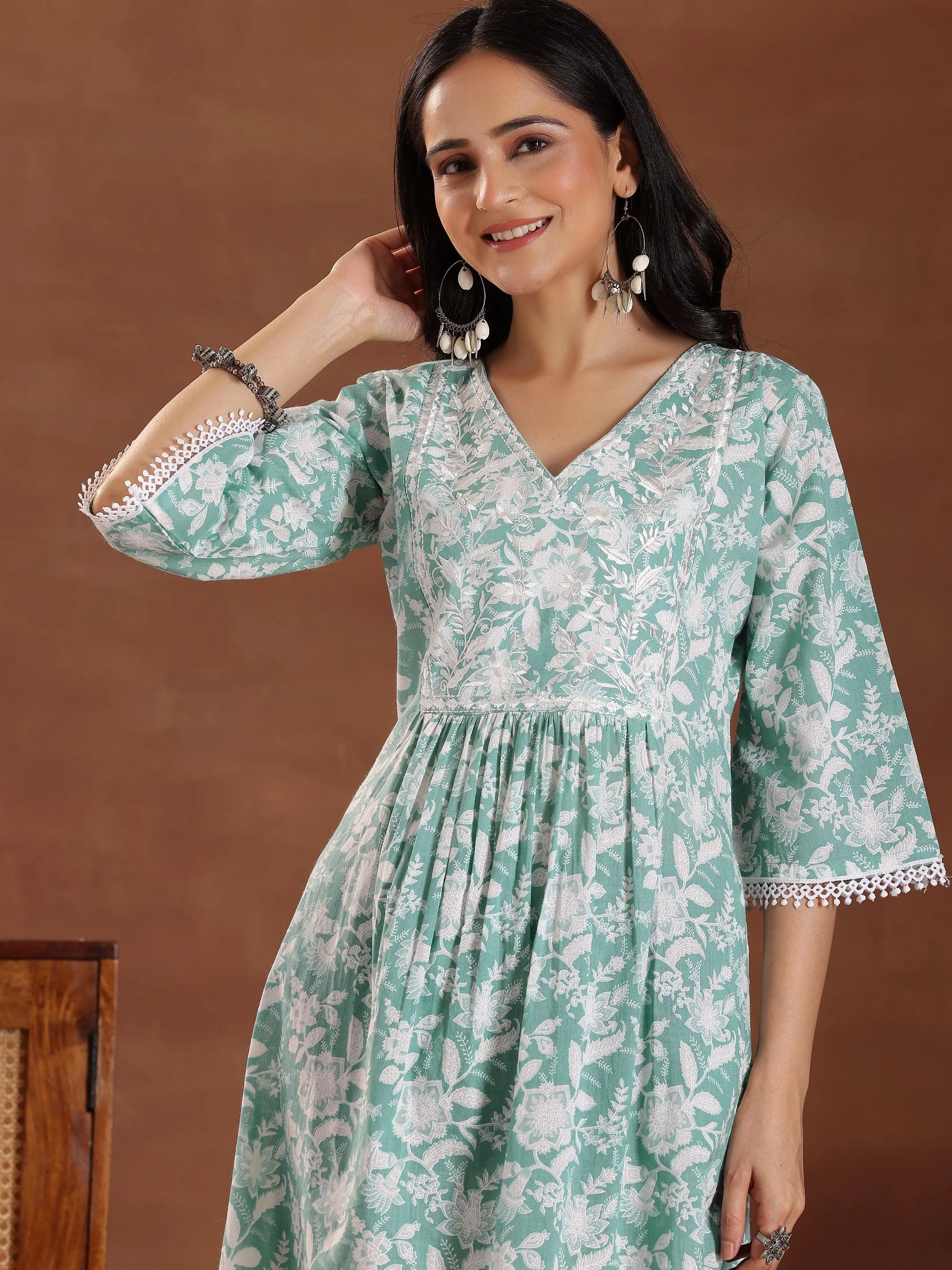 Green Printed Cotton A-Line Dress