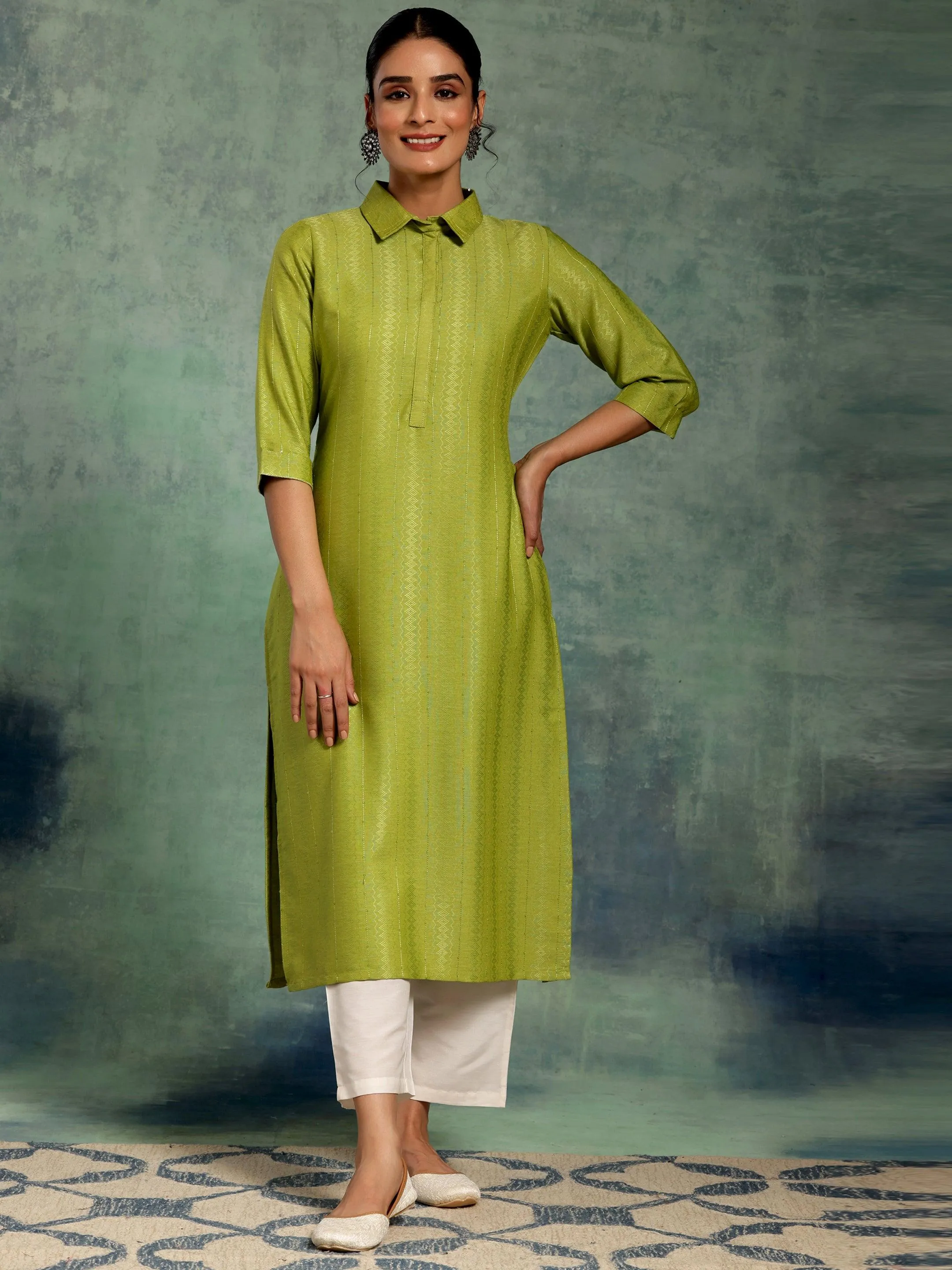 Green Woven Design Cotton Straight Kurta