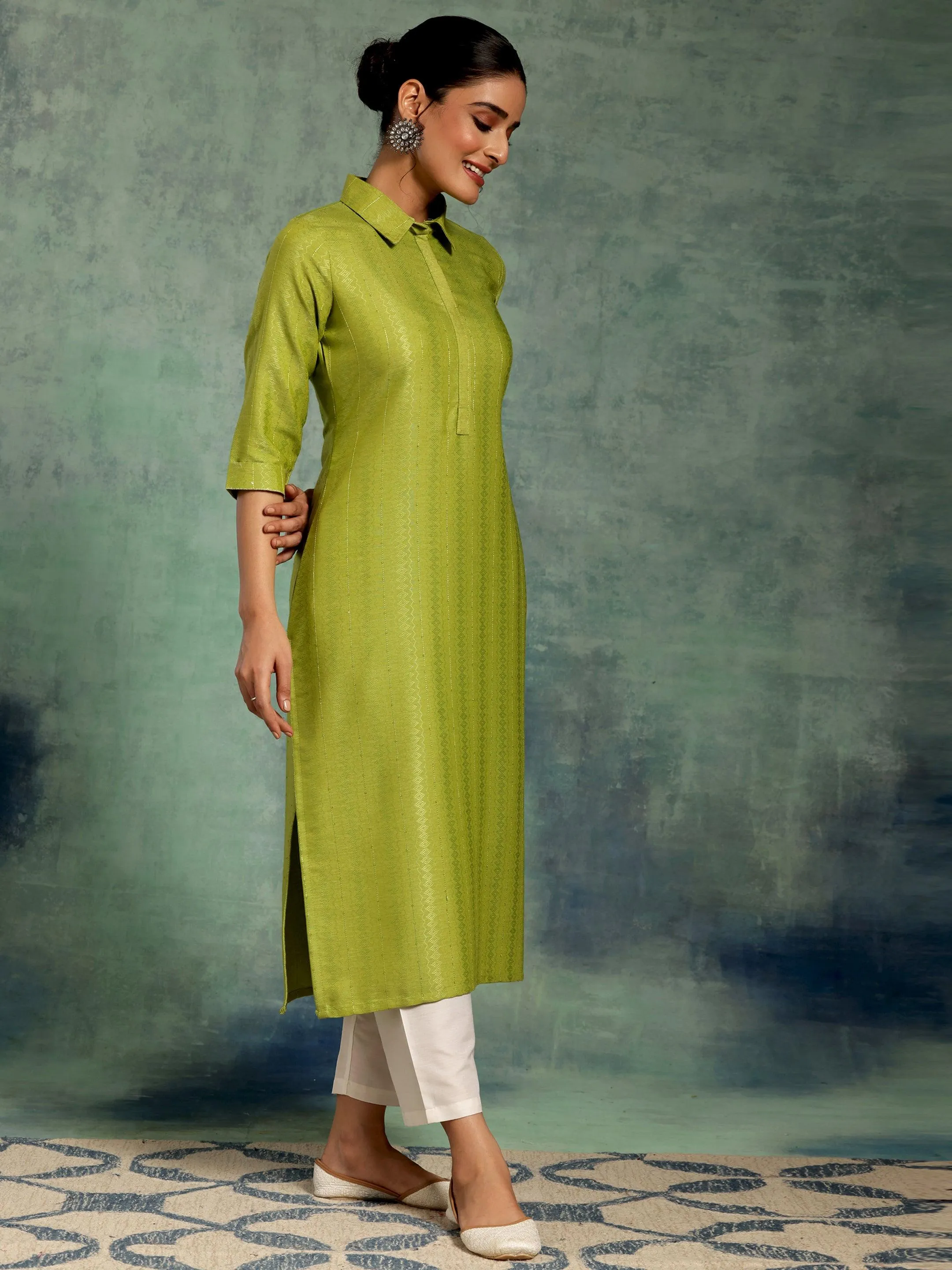 Green Woven Design Cotton Straight Kurta