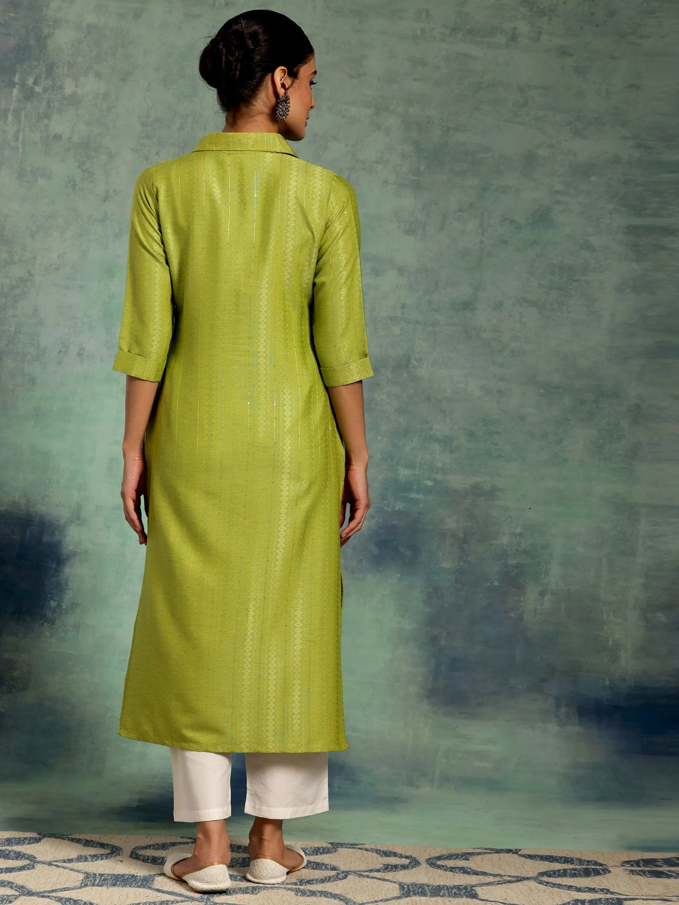 Green Woven Design Cotton Straight Kurta