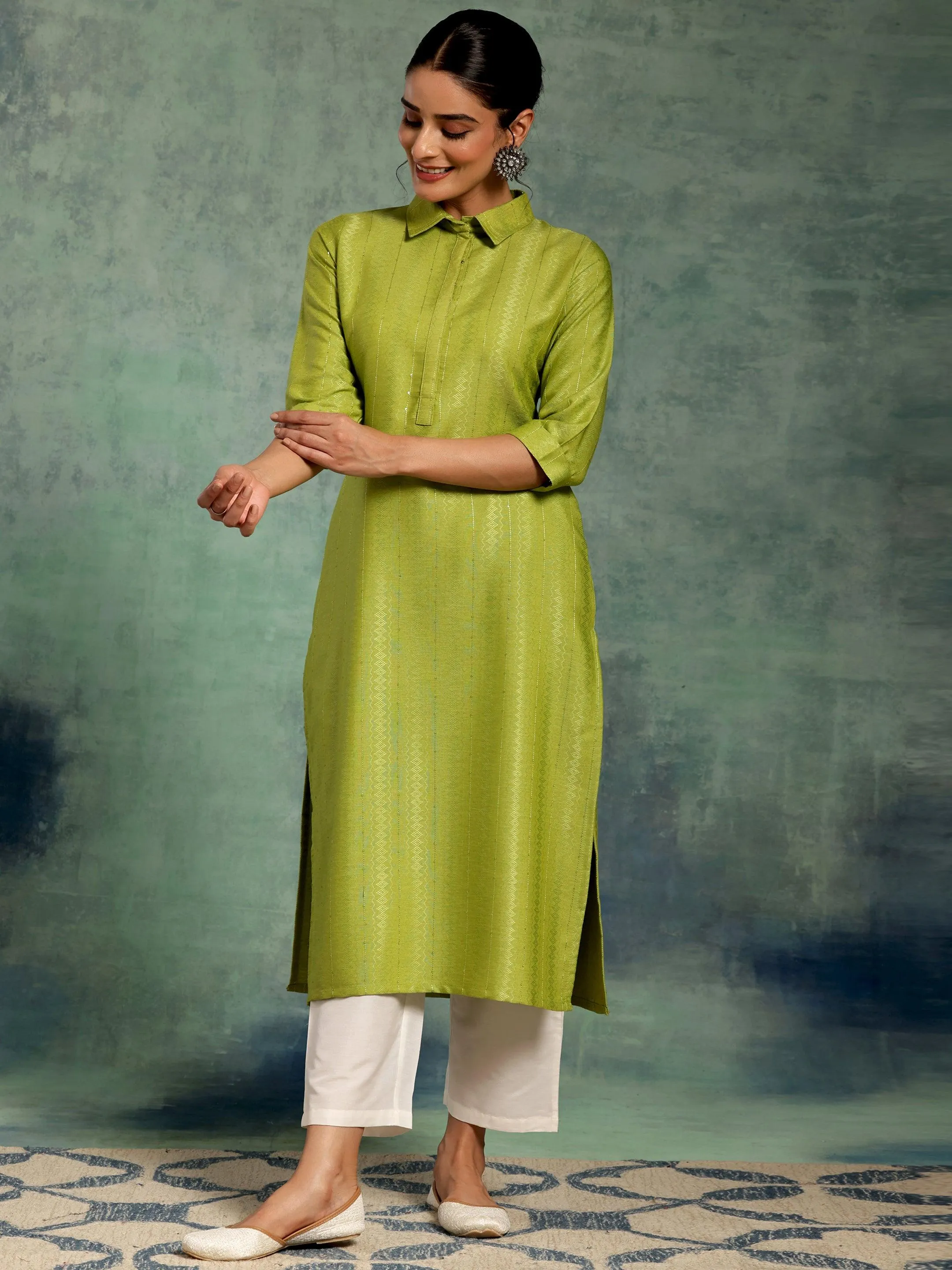 Green Woven Design Cotton Straight Kurta