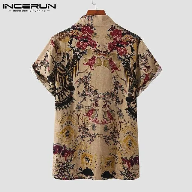 INCERUN Men Shirt Printed Lapel Short Sleeve Cotton Casual Vintage Ethnic Style Hawaiian Shirts Streetwear Camisas S3399936