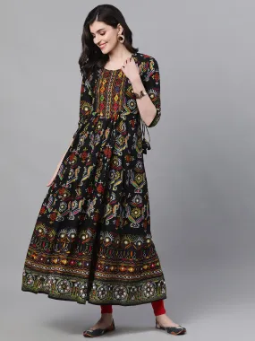 Ishin Women's Cotton Black Gaatha Printed Anarkali Kurta