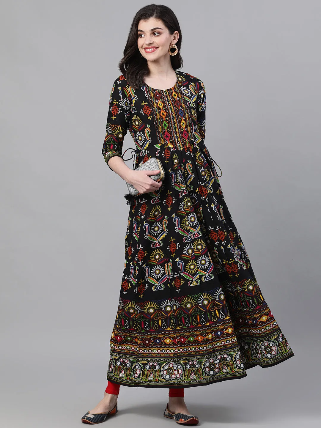 Ishin Women's Cotton Black Gaatha Printed Anarkali Kurta