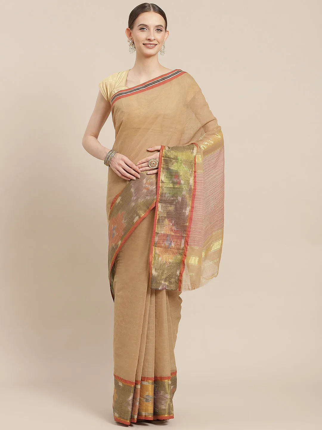 Ishin Women's Cotton Blend Beige Solid Woven Pochampally Saree With Blouse Piece