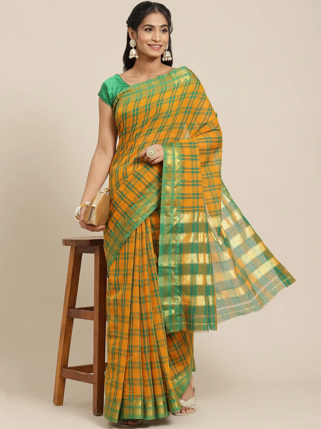 Ishin Women's Cotton Blend Mustard Checks Woven Saree With Blouse Piece