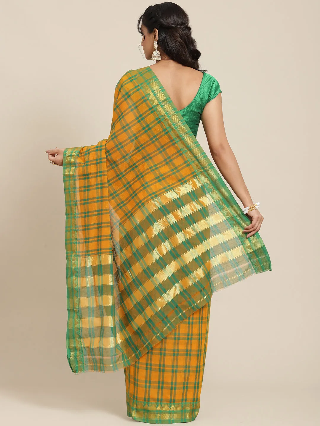 Ishin Women's Cotton Blend Mustard Checks Woven Saree With Blouse Piece