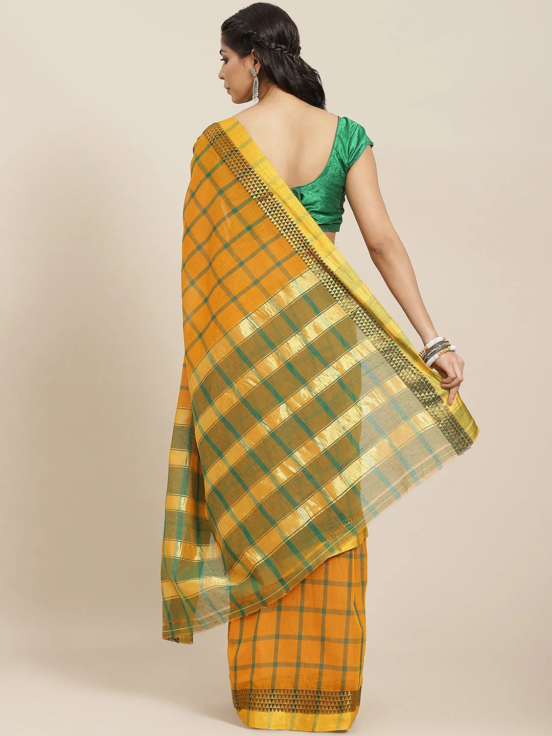 Ishin Women's Cotton Blend Mustard Checks Woven Saree With Blouse Piece