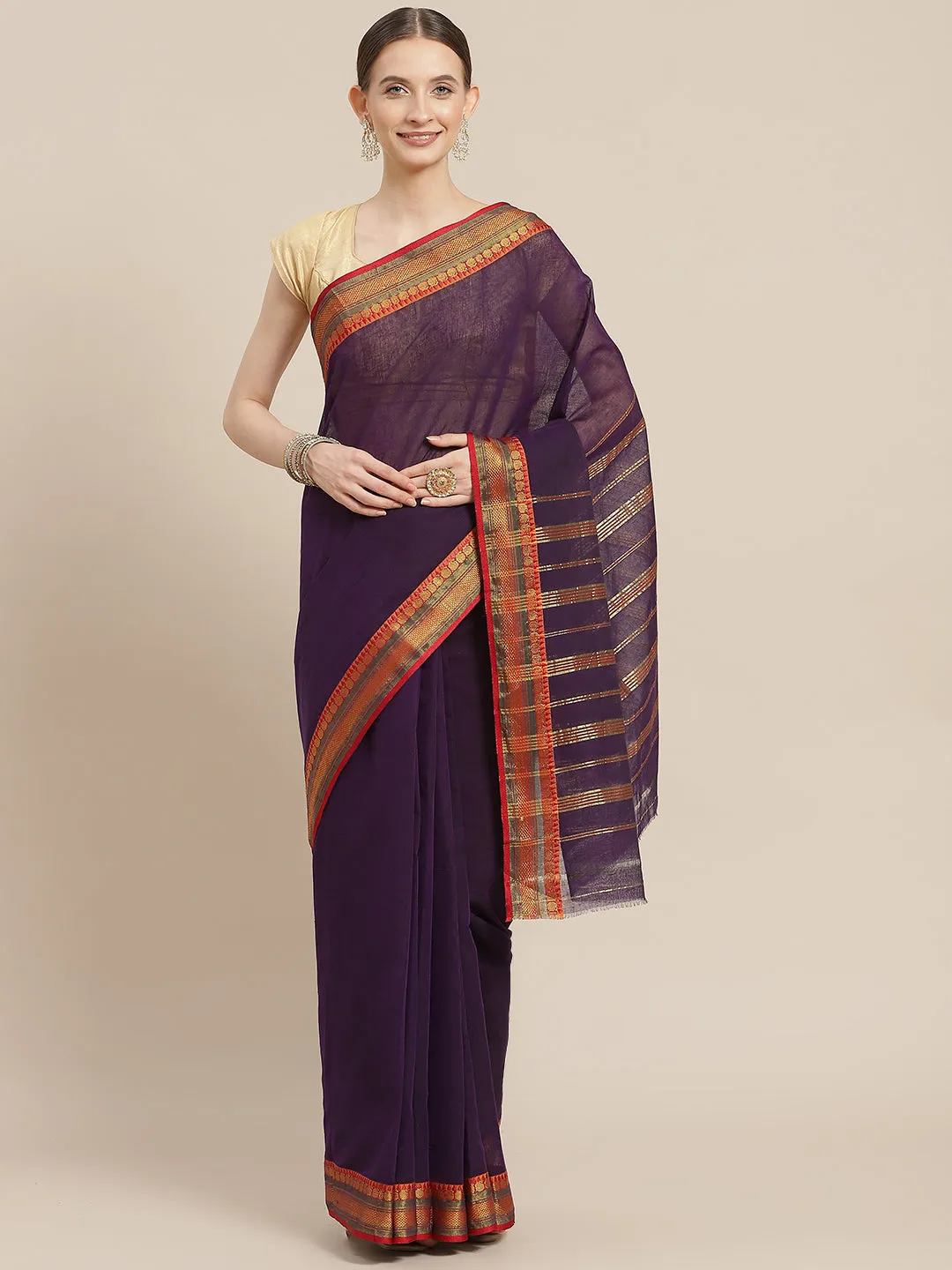 Ishin Women's Cotton Blend Purple Solid Woven Design Saree With Blouse Piece