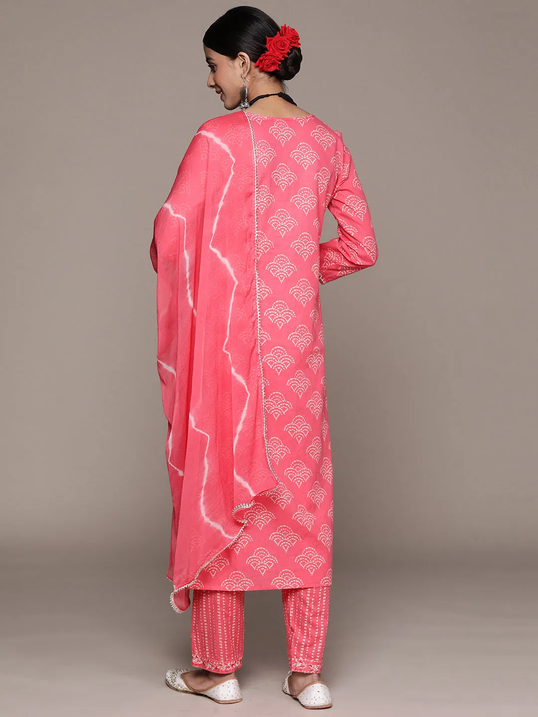 Ishin Women's Pink Embroidered Regular Gotta Patti Kurta Set with Pants & with Dupatta