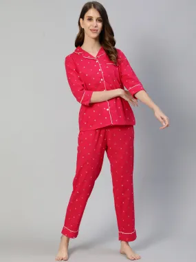 Ishin Women's Pink Pure Cotton Block Printed Night Suit