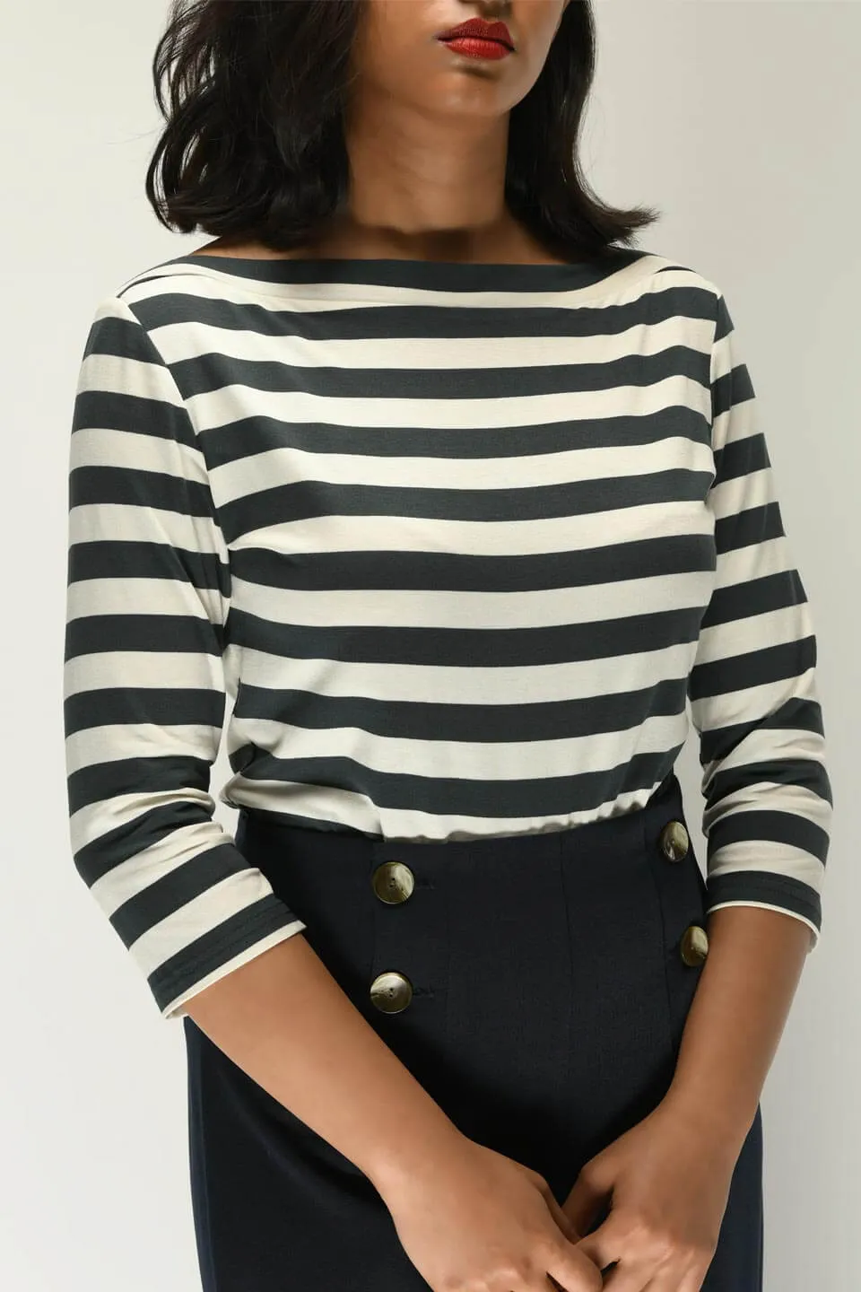 Janet Top in Petrol Blue and Ecru Striped