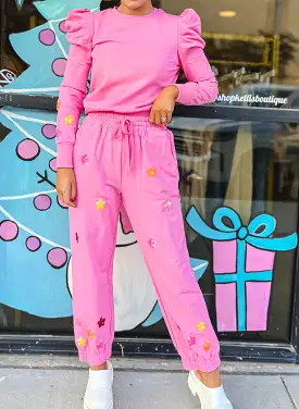 Jogger Pants With Sequined Stars - Pink