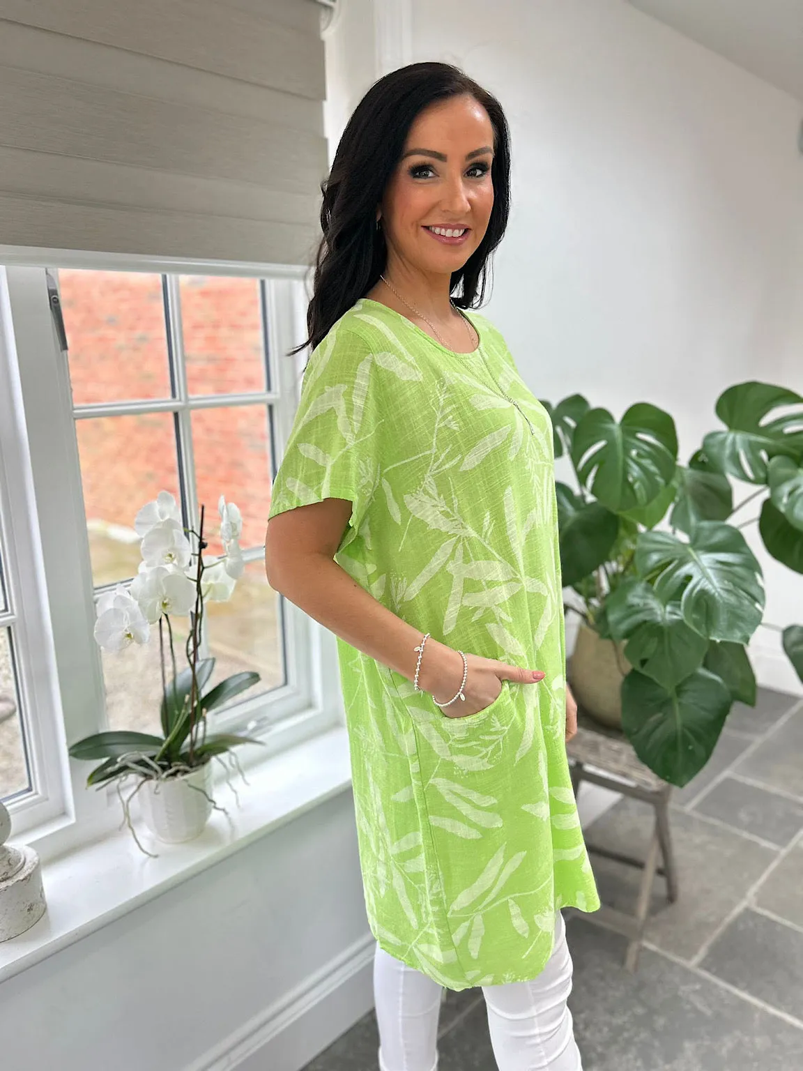 Lime Leaf Pattern Pocket Dress Rebecca