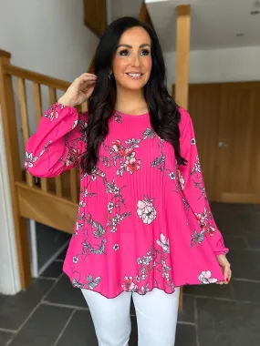 Lipstick Pink Floral Pleated Blouse Bethany