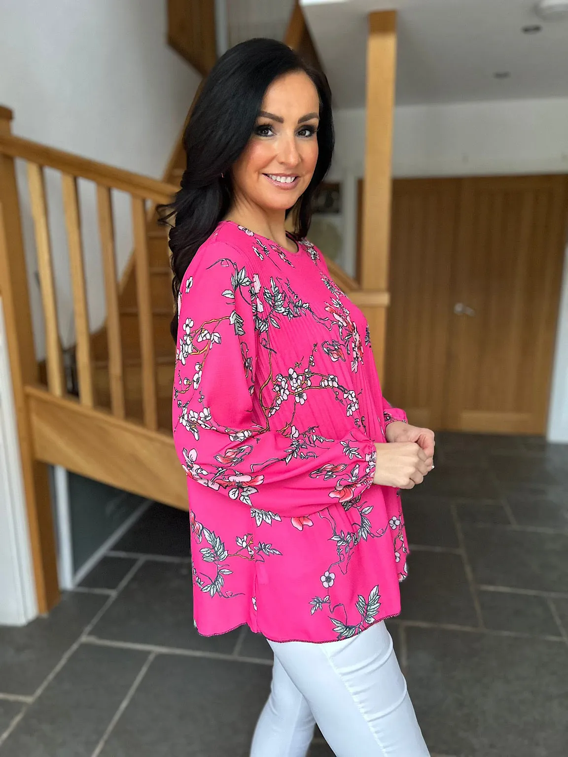 Lipstick Pink Floral Pleated Blouse Bethany