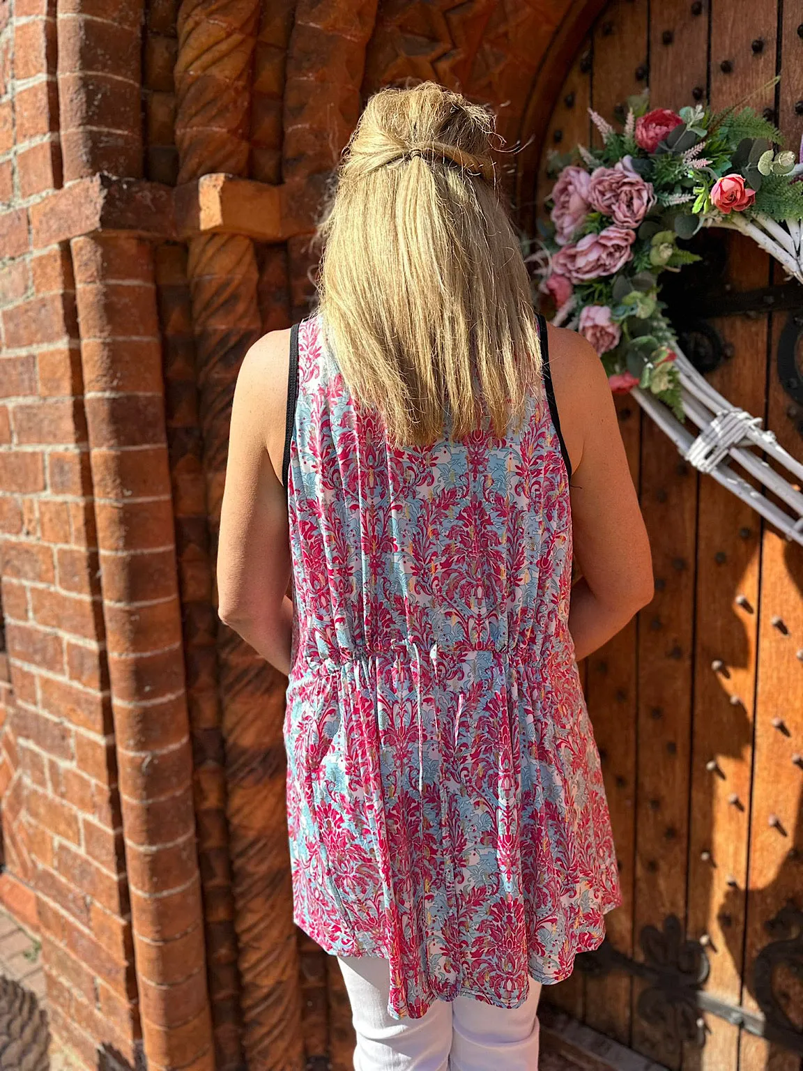 Lipstick Pink Gold Leaf Paisley Patterned Vest Top Ellie