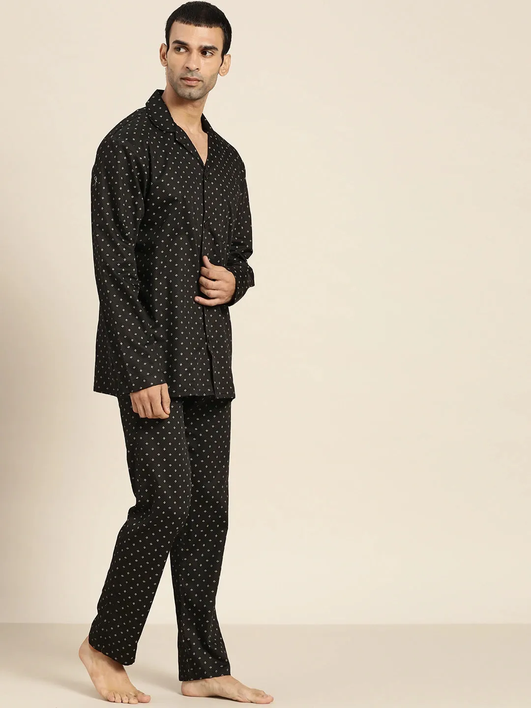 Men Black Prints Pure Cotton Regular Fit Night Wear Night Suit