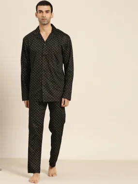 Men Black Prints Pure Cotton Regular Fit Night Wear Night Suit