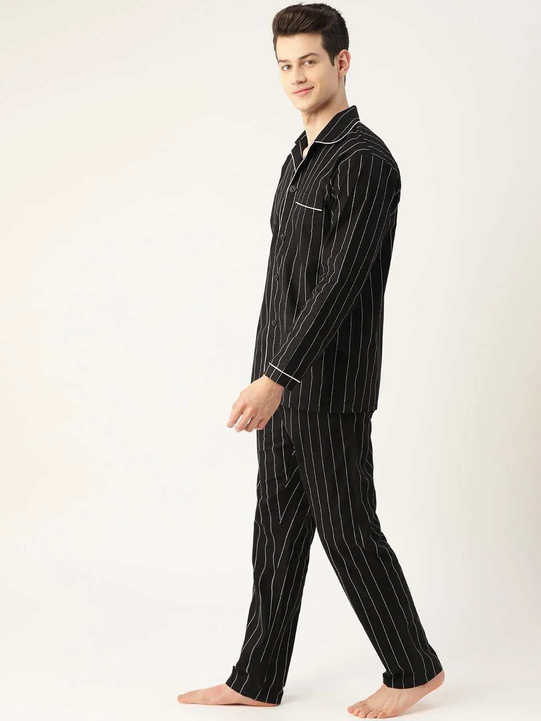 Men Black Stripes Pure Cotton Regular Fit Night Wear Night Suit