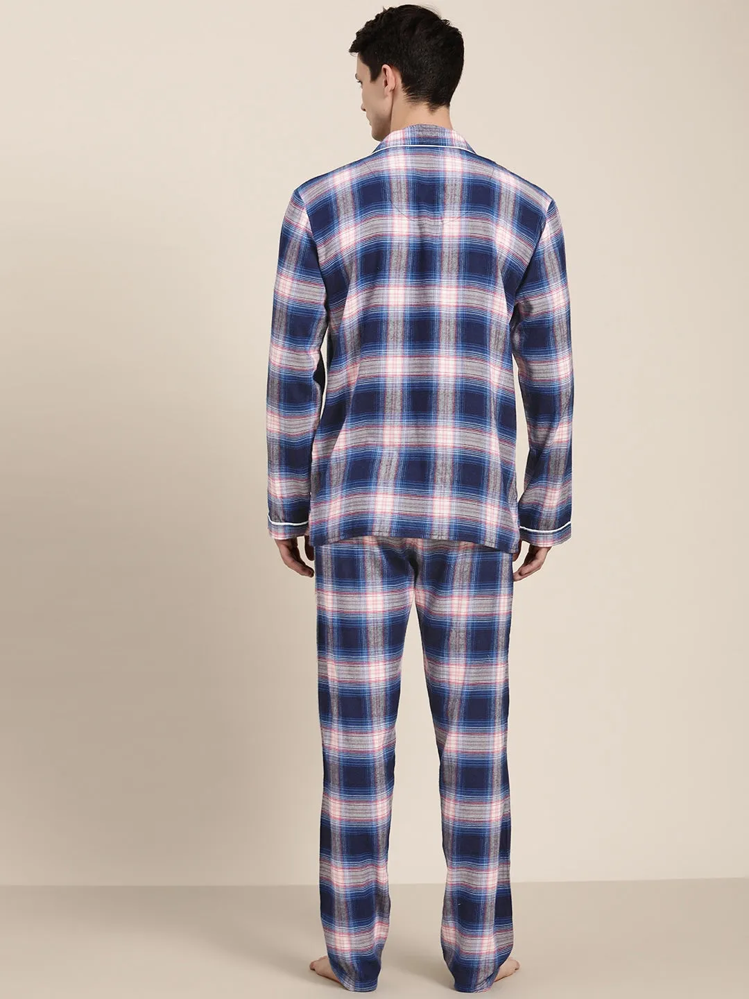 Men Blue Checks Pure Cotton Regular Fit Night Wear Night Suit