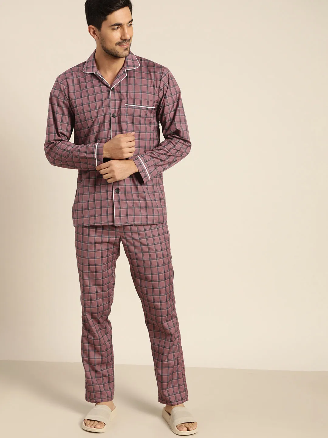 Men Burgundy Checked Cotton Rich Regular Fit Night Wear Night Suit