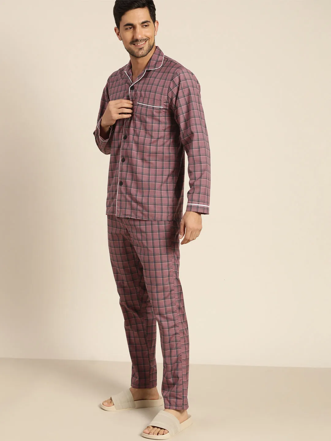 Men Burgundy Checked Cotton Rich Regular Fit Night Wear Night Suit