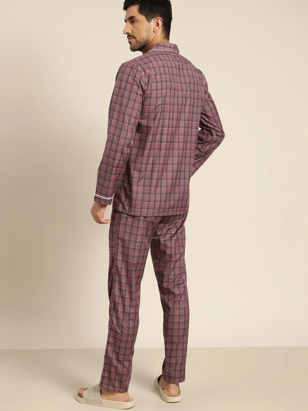 Men Burgundy Checked Cotton Rich Regular Fit Night Wear Night Suit