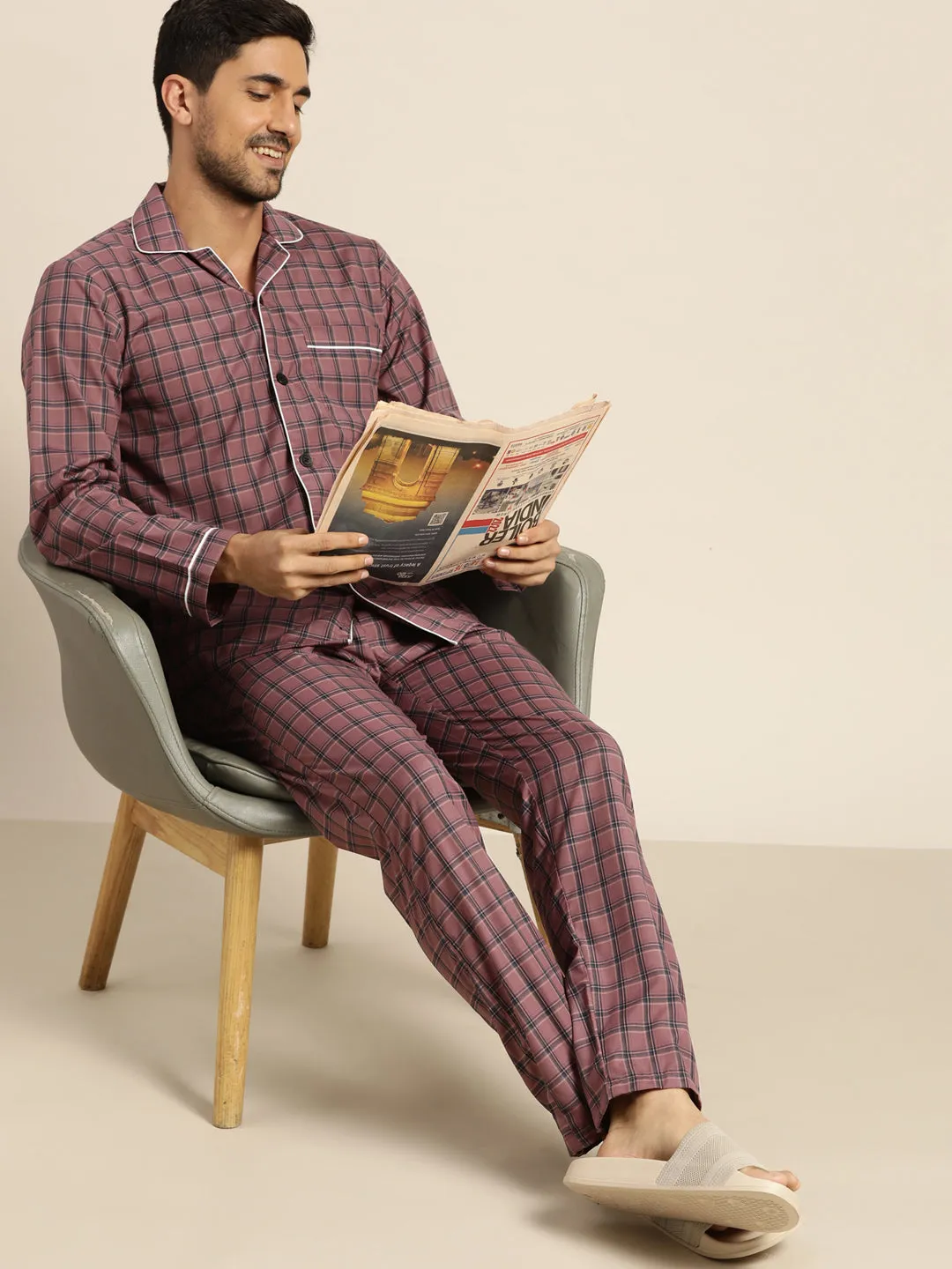 Men Burgundy Checked Cotton Rich Regular Fit Night Wear Night Suit