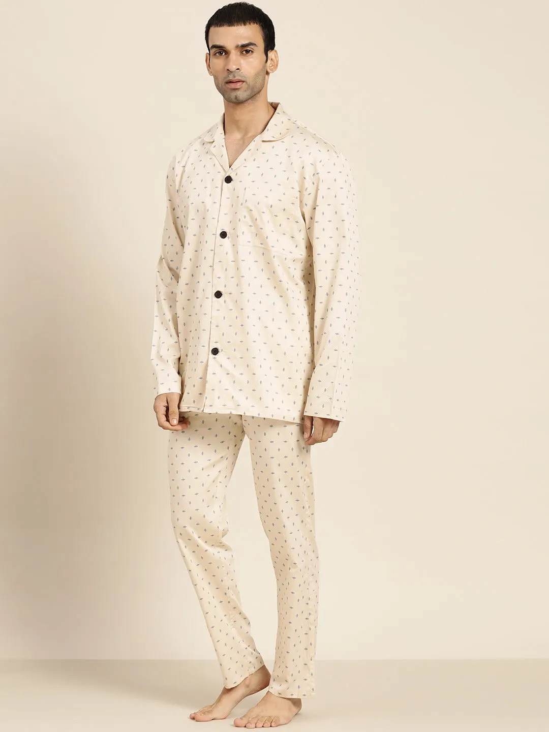 Men Cream Prints Pure Cotton Regular Fit Night Wear Night Suit