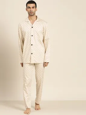 Men Cream Prints Pure Cotton Regular Fit Night Wear Night Suit