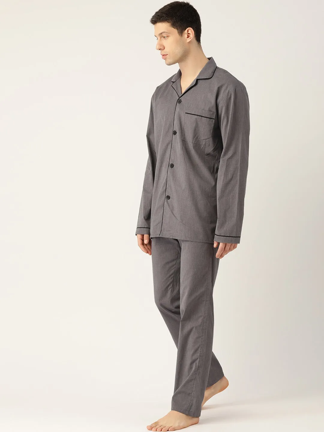 Men Grey Solids Pure Cotton Regular Fit Night Wear Night Suit