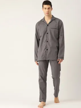 Men Grey Solids Pure Cotton Regular Fit Night Wear Night Suit