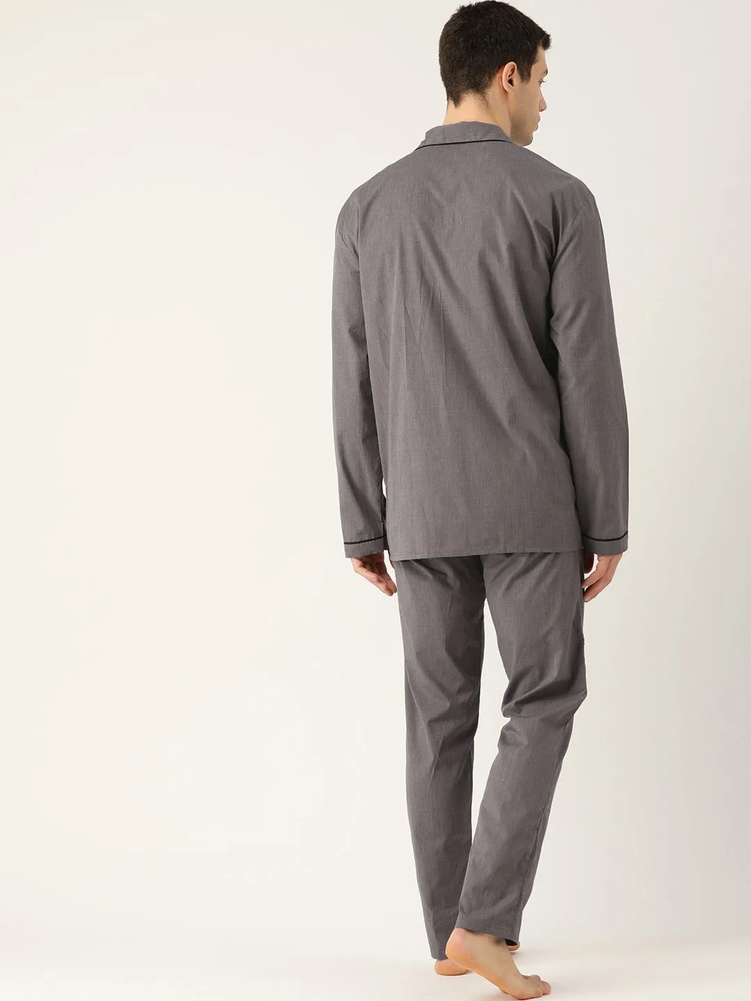 Men Grey Solids Pure Cotton Regular Fit Night Wear Night Suit