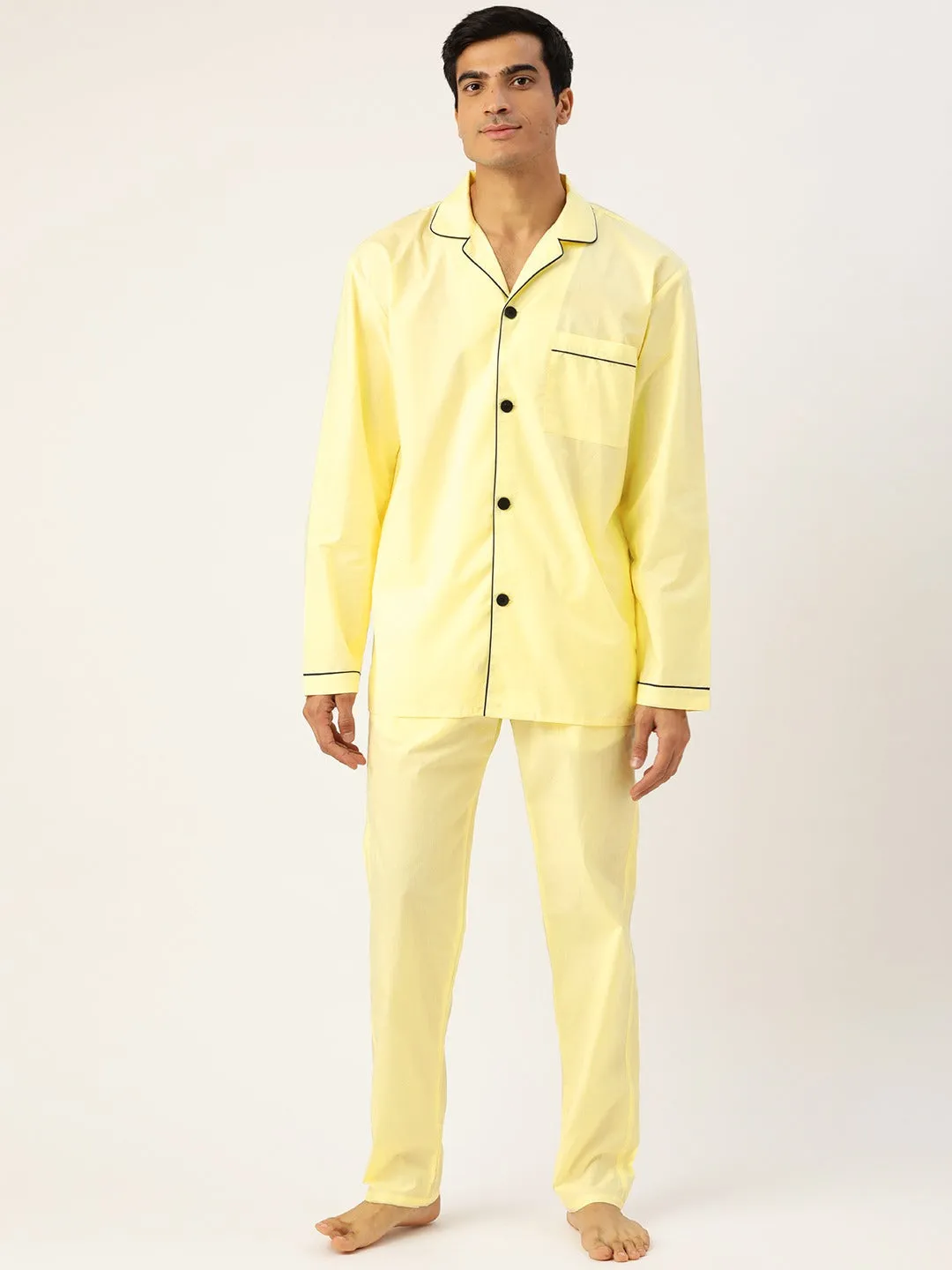 Men Lemon Solids Pure Cotton Regular Fit Night Wear Night Suit