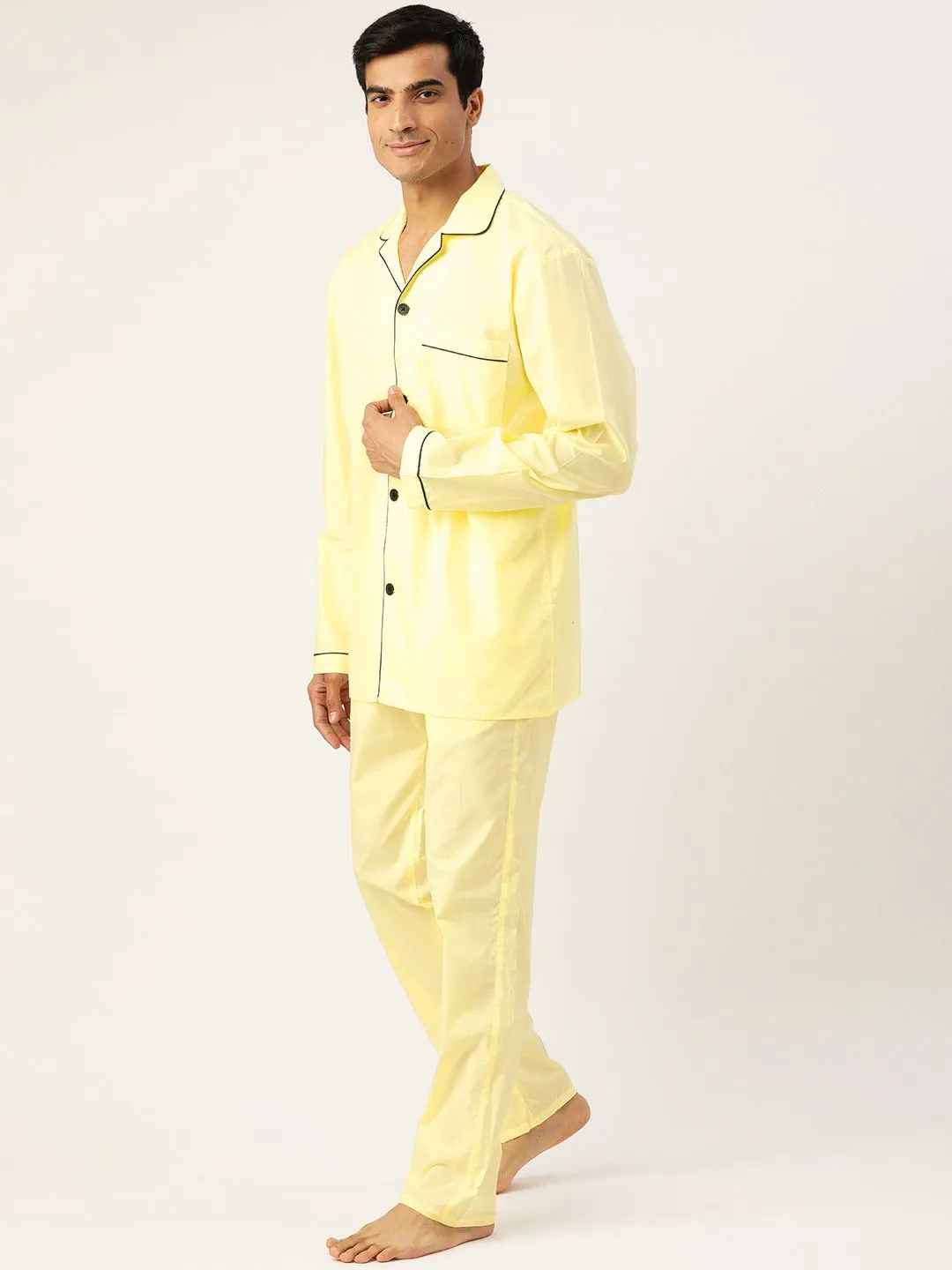 Men Lemon Solids Pure Cotton Regular Fit Night Wear Night Suit