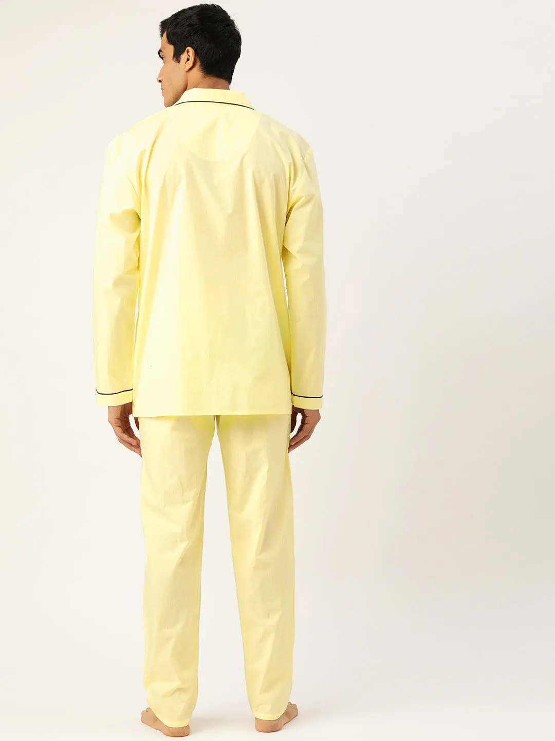 Men Lemon Solids Pure Cotton Regular Fit Night Wear Night Suit