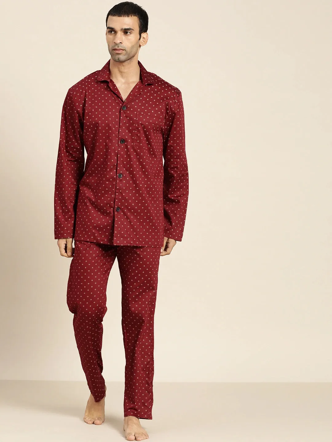 Men Maroon Prints Pure Cotton Regular Fit Night Wear Night Suit