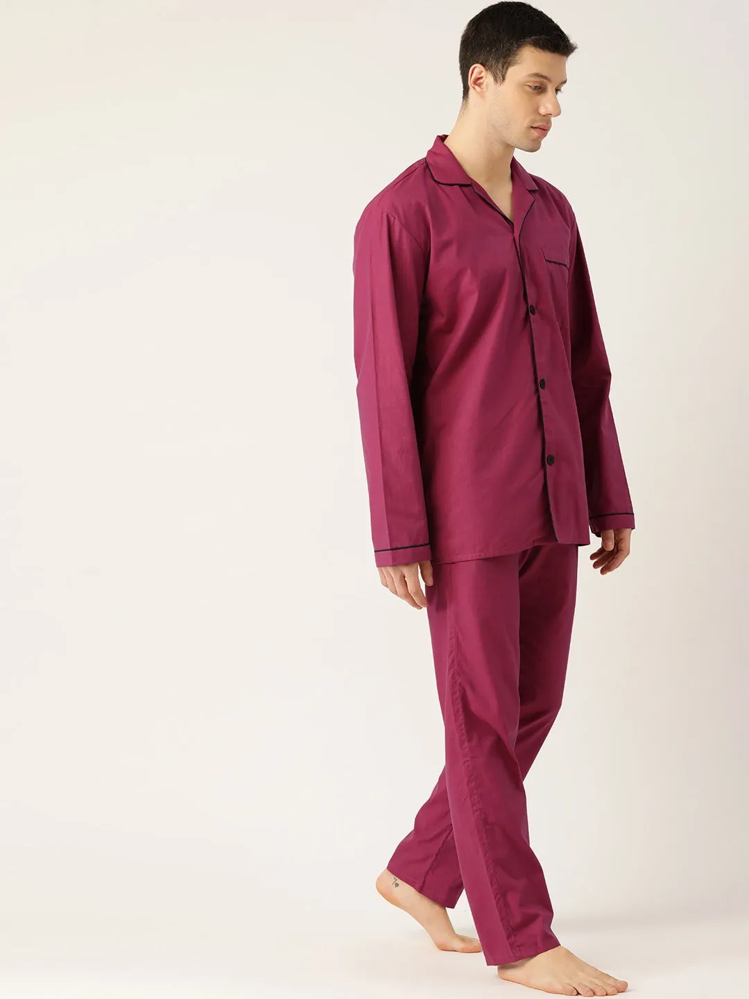 Men Maroon Solids Pure Cotton Regular Fit Night Wear Night Suit