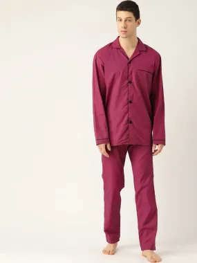 Men Maroon Solids Pure Cotton Regular Fit Night Wear Night Suit