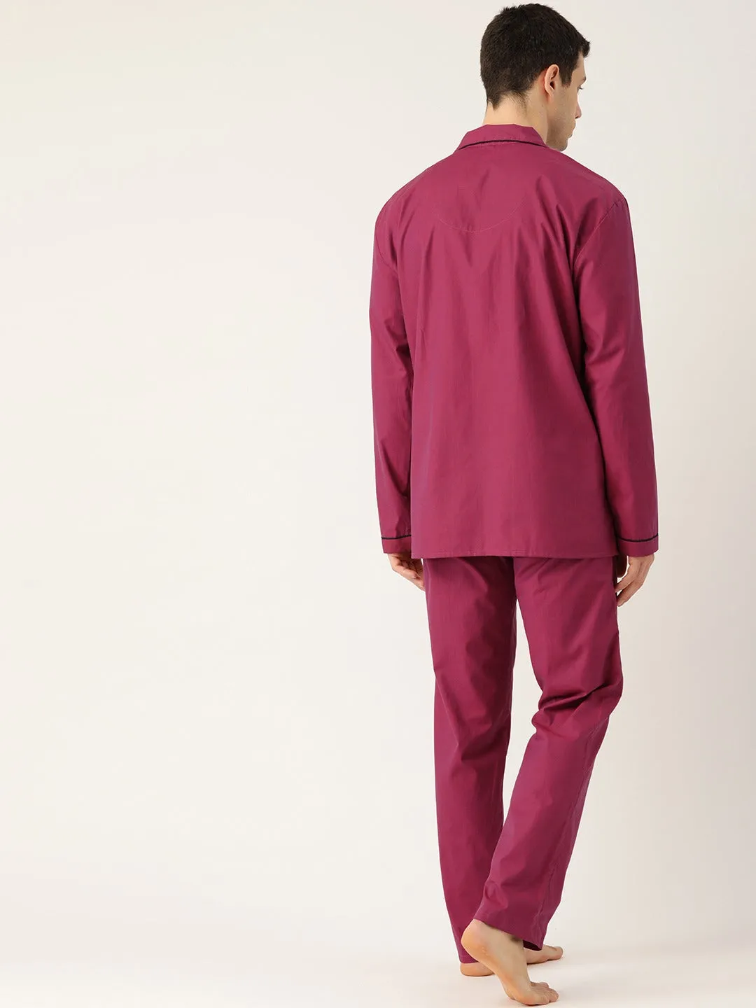 Men Maroon Solids Pure Cotton Regular Fit Night Wear Night Suit