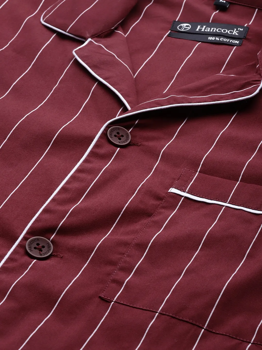 Men Maroon Stripes Pure Cotton Regular Fit Night Wear Night Suit