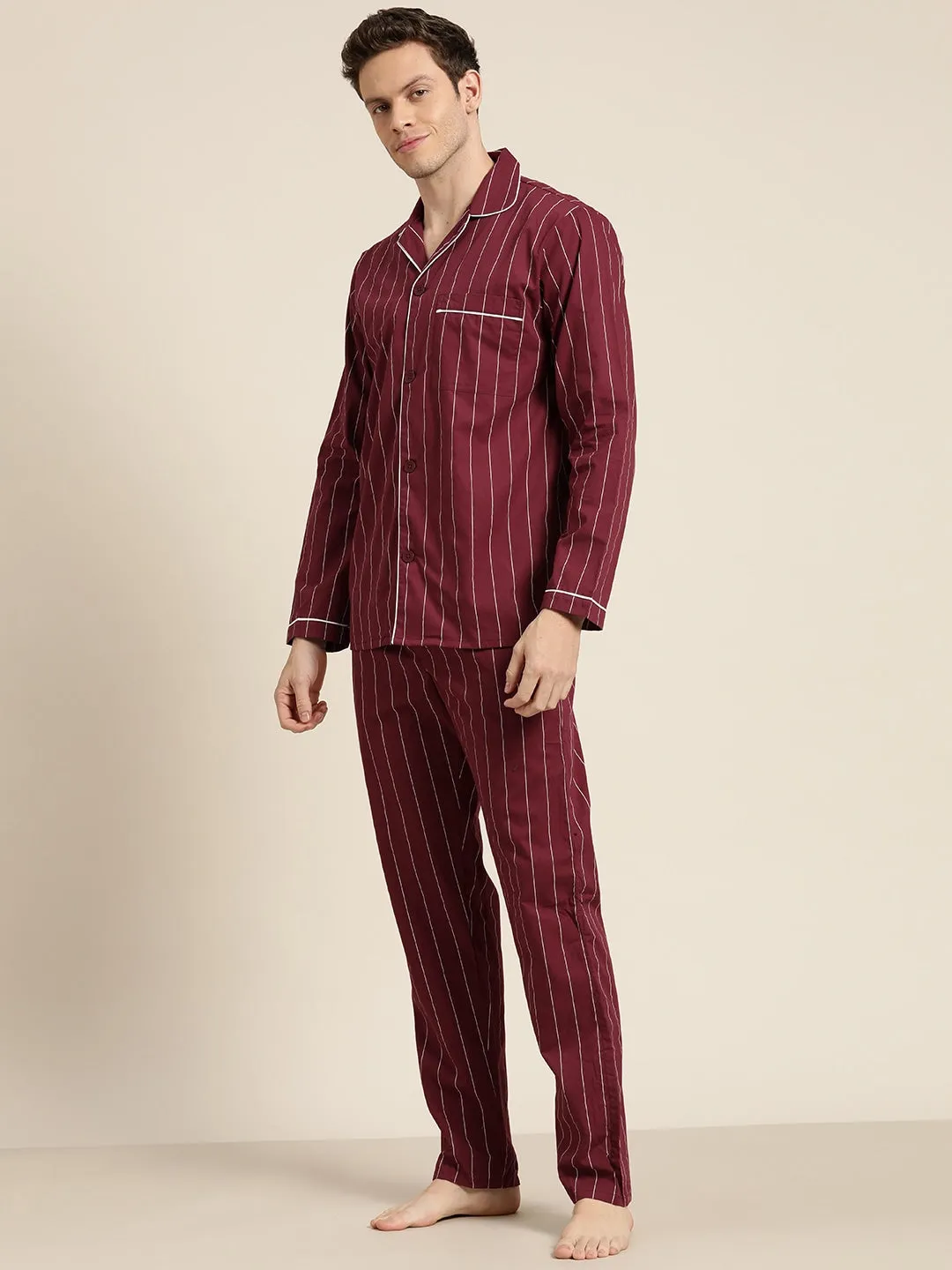 Men Maroon Stripes Pure Cotton Regular Fit Night Wear Night Suit