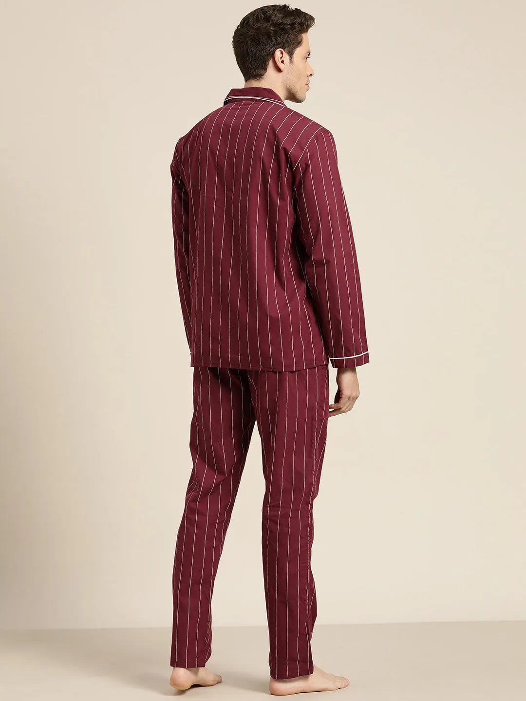 Men Maroon Stripes Pure Cotton Regular Fit Night Wear Night Suit