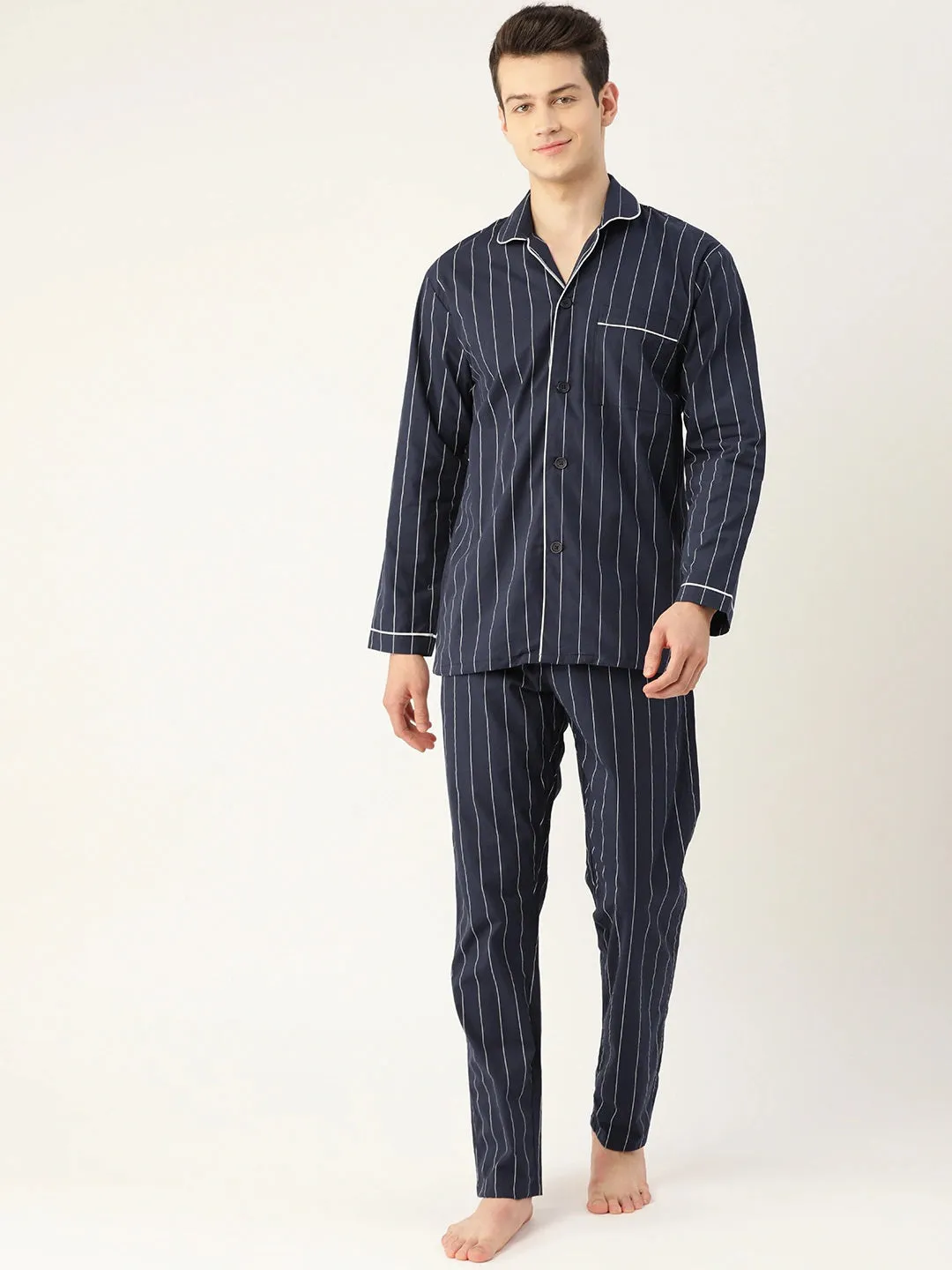 Men Navy Stripes Pure Cotton Regular Fit Night Wear Night Suit